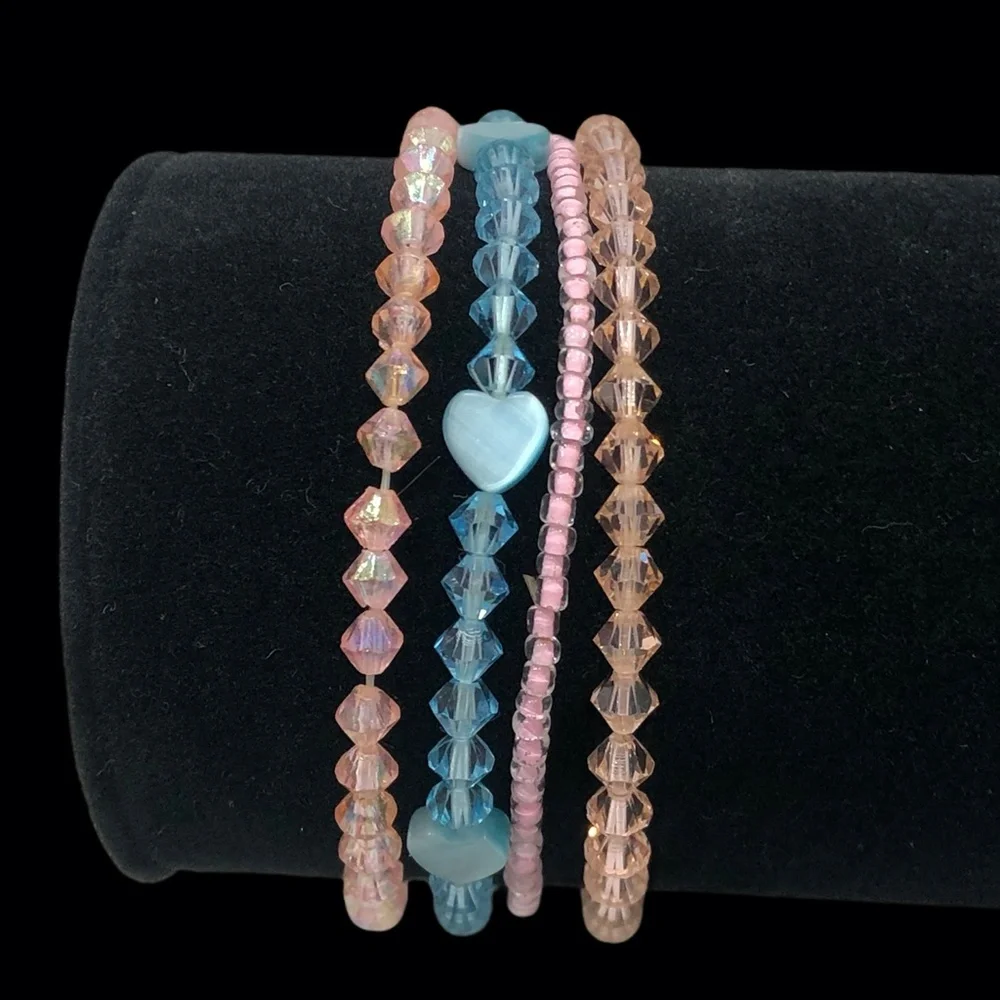 CRYSTAL STRETCH BRACELETS - PINK, PEACH, & BLUE - SET OF 4